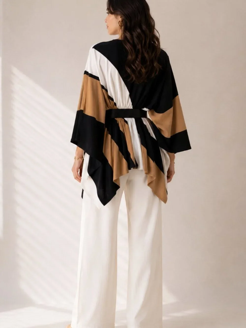 Parrish LA Stevie Color Block Poncho Wrap Shawl PA281 Black Ivory Camel OS NWT
